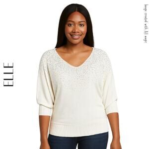 ELLE Off-White Sequined Dolman Sleeve Sweater, M